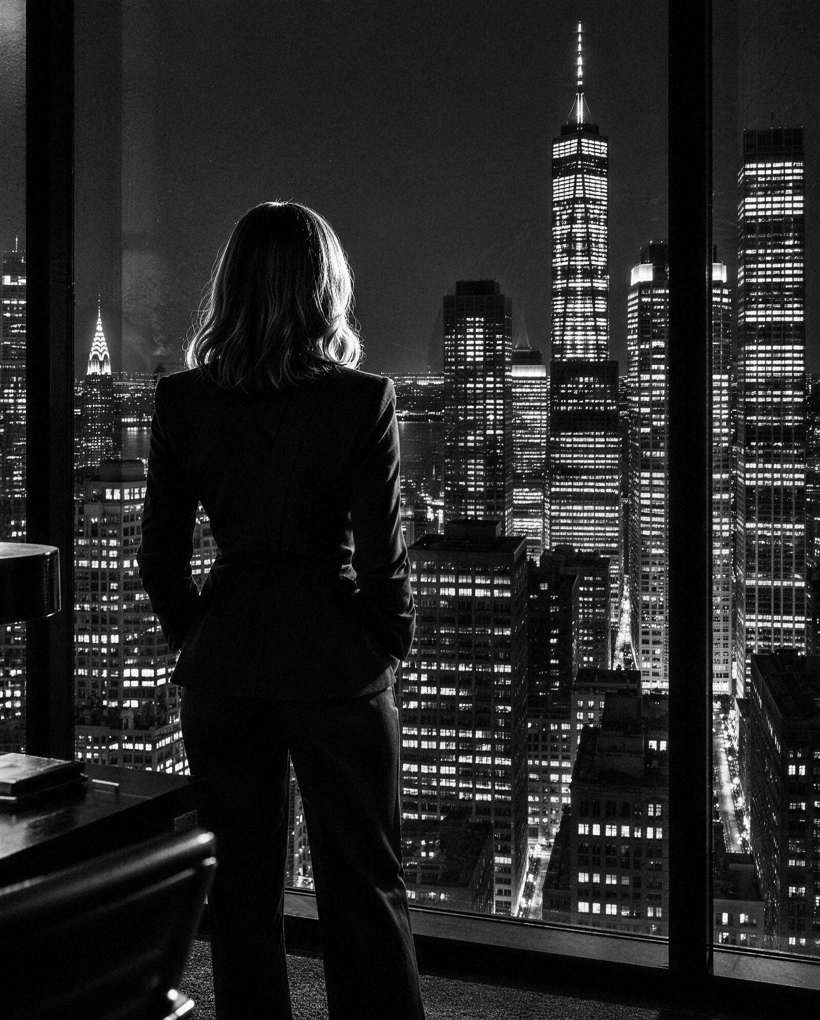 A silhouetted figure looking out over a city skyline at night, in black and white